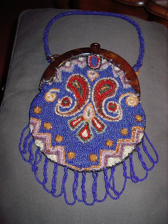 SALE Blue Iserna Beaded Purse With Tortoise Frame Circa 1919 1920