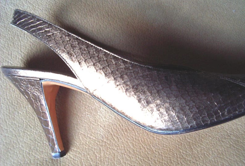 St. Laurent Bronze Metallic Snakeskin Sling Back Dressy Pumps Perfect New Size 7N Item 48 Shoes & Boots image 3