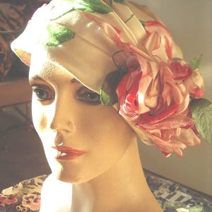 1960s Original Designer Velvet Rose Cream Silk Satin Draped Cloche Item #751 Hats image 4