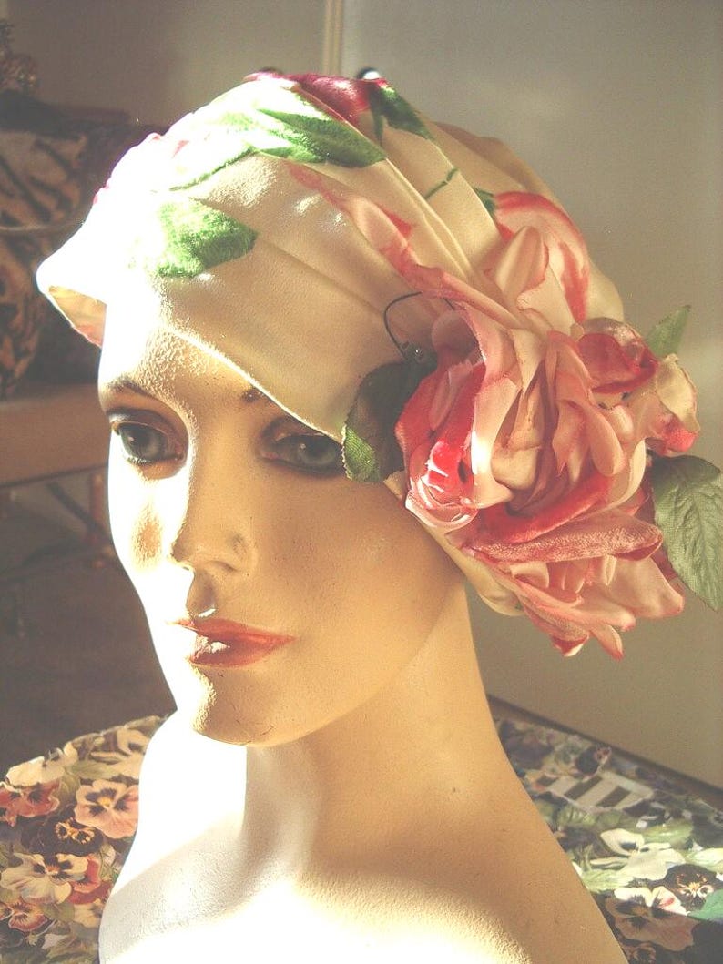 1960s Original Designer Velvet Rose Cream Silk Satin Draped Cloche Item #751 Hats image 4