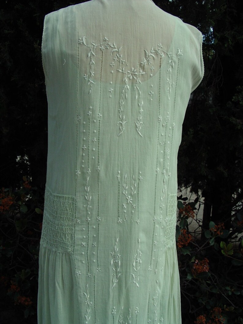 Original 20's Summer Dress Mint Green Voille Smocked & Embroidered with Slip Size 10 Item 228 Daytime Dresses image 6