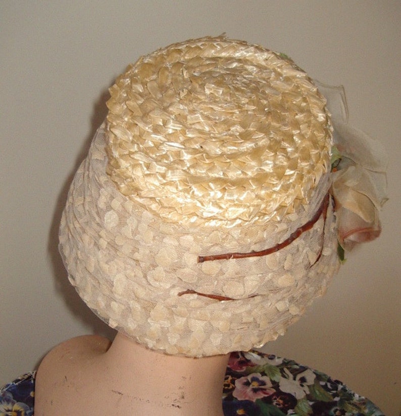 Vintage Edwardian Style Bonnet Cream Straw Tulle Draped with Silk Rose Trim Item #756 Hats