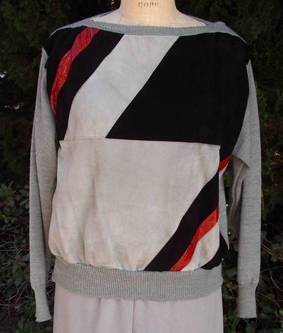Italian Suede & Leather Front Trimmed Sweater Size