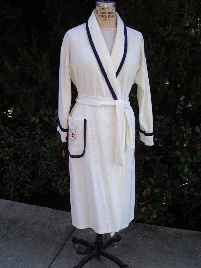 Quality Terry Cloth Bathrobe Navy Piping Trim Crest Etsy