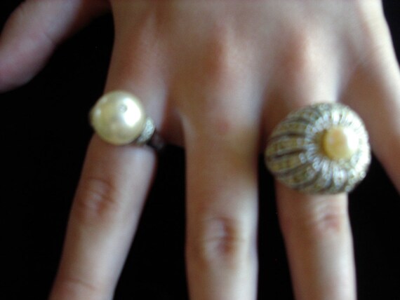 Pearl/ Rhinestone Cocktail Ring Duo Copies of Rea… - image 10