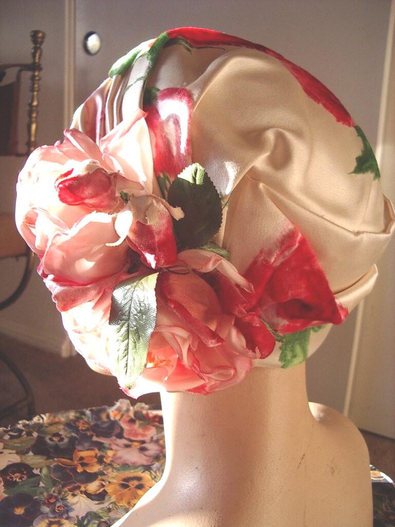 1960s Original Designer Velvet Rose Cream Silk Satin Draped Cloche Item #751 Hats image 3