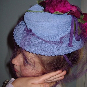 1940's TOY Style Cocktail Hat Blue Strawcloth/ Fuchsia Roses/Purple Veil Item 750 Hats image 4