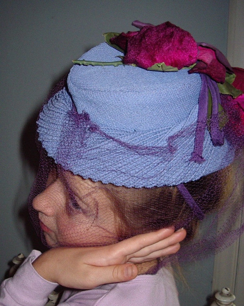 1940's TOY Style Cocktail Hat Blue Strawcloth/ Fuchsia Roses/Purple Veil Item 750 Hats image 4