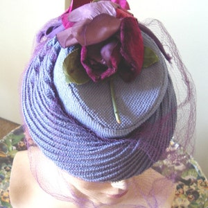 1940's TOY Style Cocktail Hat Blue Strawcloth/ Fuchsia Roses/Purple Veil Item 750 Hats image 1