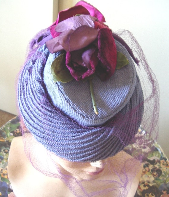 1940's "TOY" Style Cocktail Hat Blue Strawcloth/ … - image 1