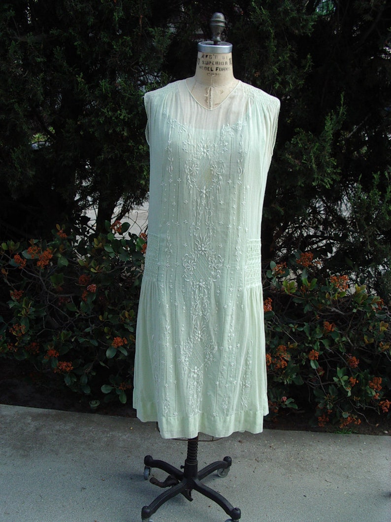 Original 20's Summer Dress Mint Green Voille Smocked & Embroidered with Slip Size 10 Item 228 Daytime Dresses image 1