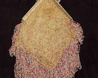 Original 1920s Pink/Pastel Multicolored Crystal Beaded Large Size Purse/ Bag - Item #105, Purses