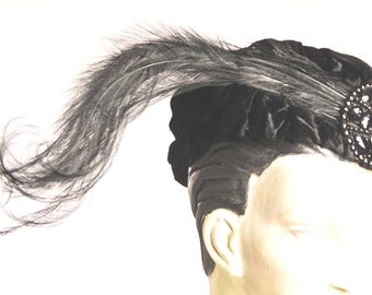 Dramatic Vintage Edwardian Black Velvet Shirred Beret, Egrit Feather Trim  All Original - Item # 861, Hats