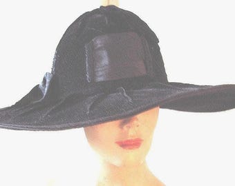 Original Edwardian Black Velvet Hat: Dramatic Large Brim,Moire' Taffeta Ribbon   Item # 818  Hats