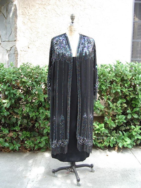20's Deco Beaded Erte' Inspired  Satin Coat/ 60's Satin Gown/ Beaded Purse Completes Ensemble           Item # 226 Coats & Ensembles