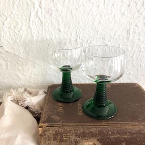 Vintage French Luminarc Romer Wine Glasses Set of Two (2): Green Beehive Pattern Stem