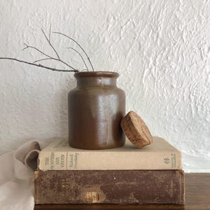 May include: A brown ceramic jar with a cork stopper, resting on two vintage books. The jar contains thin, dried branches. The books have aged covers and titles. The background is a textured white wall.