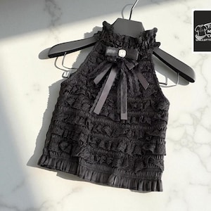 Women’s Lace Ruffle Blouse | Sleeveless Bow Tie Top | Elegant High Neck Style | Chic Summer Outfit | Cute Fashion Clothing