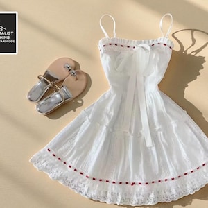 Women&#39;s White Lace Dress | Eyelet Ruffle A-Line Sundress | Sweet Ribbon Front Design | Cottagecore Summer Outfit | Garden Party Look