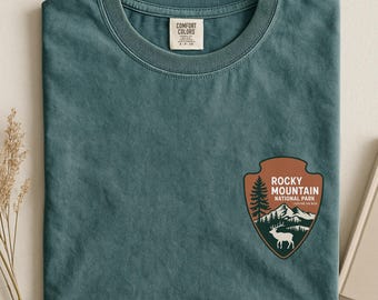 Rocky Mountain Comfort Colors National Park T-shirt med ficka Vintage Travel