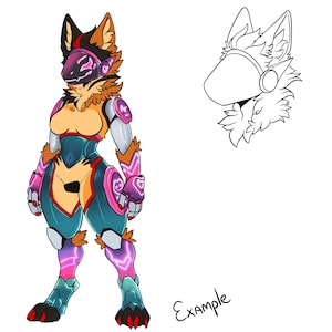 May include: A digital illustration of a furry, anthropomorphic character wearing a pink and blue futuristic suit with glowing accents. The character has a black and white helmet with glowing pink accents. The character is standing with their legs spread apart and their arms at their sides. The background is white.