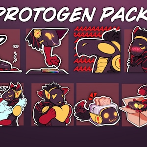 May include: Protogen Pack 1 sticker sheet featuring various cartoon Protogen characters in different poses and expressions. The stickers have a red, black, and yellow color scheme, with text like "DED" and "PAT PAT".
