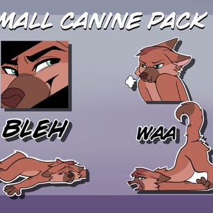 Puede incluir: Una impresión artística digital titulada "Small Canine Pack 10" con ilustraciones de perros de dibujos animados. La imagen incluye un primer plano de la cara de un perro y otras tres ilustraciones de perros con diferentes expresiones. También se incluyen las palabras "BLEH" y "WAA".