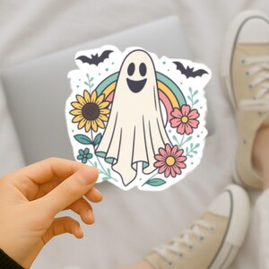 Boho Ghost Sticker, Retro Halloween Vinyl Decal with Flowers Bats, Cute Spooky Season Sticker for Laptops & Water Bottles