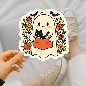 Halloween Ghost Cat Sticker, Spooky Book Lover Vinyl Decal