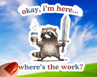 Funny Raccoon Waterproof Sticker, Coffee & Sword - Laptop, Water Bottle Decal