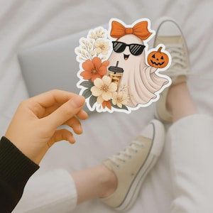 Boho Ghost Halloween Sticker | Cute Floral Pastel Ghost with Pumpkin | Fall Aesthetic Vinyl Decal for Laptop, Water Bottle, Skateboard