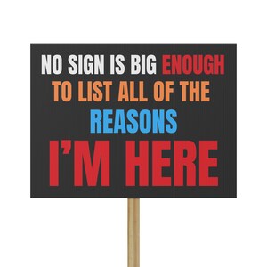 May include: A black sign with the text "NO SIGN IS BIG ENOUGH TO LIST ALL OF THE REASONS I'M HERE" in white, orange, blue, and red. The sign is mounted on a wooden stick.