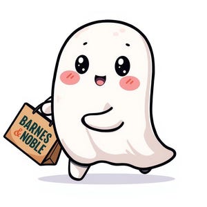 K&ouml;nnte beinhalten: Ein Cartoon-Geist mit freundlichem Gesichtsausdruck, der eine Einkaufstasche von Barnes & Noble h&auml;lt. Der Geist ist wei&szlig; mit schwarzem Umriss, rosigen Wangen und gro&szlig;en, ausdrucksstarken Augen. Die Tasche ist braun mit dem Logo des Gesch&auml;fts.