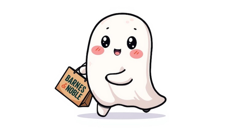 K&ouml;nnte beinhalten: Ein Cartoon-Geist mit freundlichem Gesichtsausdruck, der eine Einkaufstasche von Barnes & Noble h&auml;lt. Der Geist ist wei&szlig; mit schwarzem Umriss, rosigen Wangen und gro&szlig;en, ausdrucksstarken Augen. Die Tasche ist braun mit dem Logo des Gesch&auml;fts.