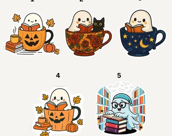 Autocollant fantôme mignon en train de lire, autocollant pour amoureux des livres, autocollant fantôme effrayant et studieux, cadeau d'Halloween pour lecteur, autocollant douillet pour ordinateur portable et bouteille d'eau d'automne