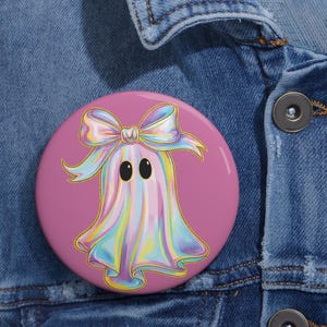 Pastel Rainbow Ghost Pin: Kawaii Halloween Badge with Bow