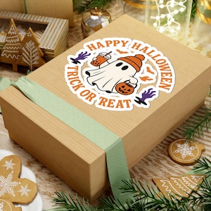 Happy Halloween Ghost Sticker | Cute Trick or Treat Vinyl Decal, Fall Coffee & Pumpkin Ghost, Spooky Season Aesthetic