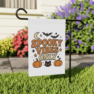 Spooky Vibes Only Garden Flag: Halloween Black Cat, Bats & Moon