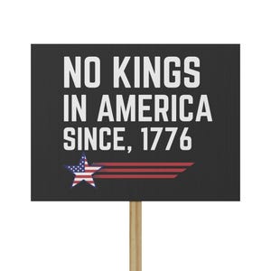 May include: A black sign with white text that reads "NO KINGS IN AMERICA SINCE, 1776." The sign features a blue and white star and red stripes, mounted on a wooden stick.