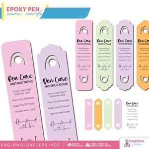 Cartão de cuidados com caneta de glitter epóxi SVG | Cartão de exibição de caneta SVG | Instruções de cuidados com o suporte para caneta epóxi | Cartão de instruções de cuidados com a caneta | Download instantâneo
