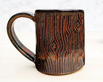 Brown Woodland Pottery Mug - Handmade Adirondack Wood Grain Coffee Mug - Nature Lover Tree Cup