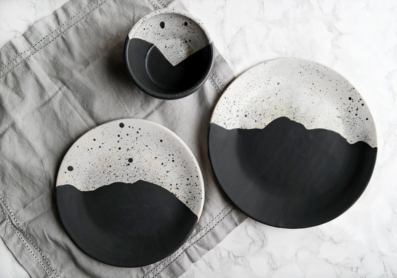 High Peaks Dinnerware Set Dark Gray White Stoneware Handmade Dinnerware Pottery Dish Set Dinner Plates image 3