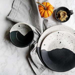 High Peaks Dinnerware Set - Dark Gray + White Stoneware - Handmade Dinnerware - Pottery Dish Set - Dinner Plates