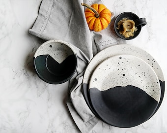 High Peaks Dinnerware Set - Dark Gray + White Stoneware - Handmade Dinnerware - Pottery Dish Set - Dinner Plates