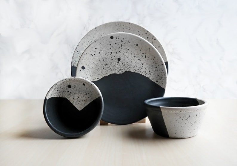 High Peaks Dinnerware Set Dark Gray White Stoneware Handmade Dinnerware Pottery Dish Set Dinner Plates image 2