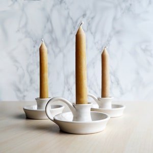 White Taper Candle Holder with Handle - Ceramic Candlestick Holder | Hygge Taper Holder - Farmhouse Table - Candle Holders