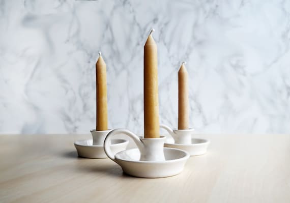 White Taper Candle Holder With Handle Ceramic Candlestick Holder Hygge Taper  Holder Farmhouse Table Candle Holders 