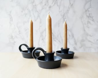 Black Ceramic Candlestick Holder with Handle | Taper Holder | Hygge Taper Holder - Farmhouse Table - Candle Holders