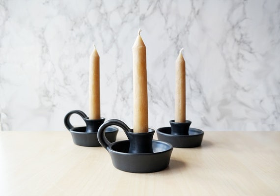 Black Ceramic Candlestick Holder With Handle Taper Holder Hygge Taper Holder  Farmhouse Table Candle Holders 