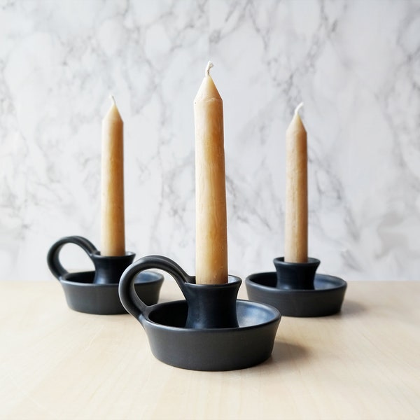 Black Ceramic Candlestick Holder with Handle | Taper Holder | Hygge Taper Holder - Farmhouse Table - Candle Holders